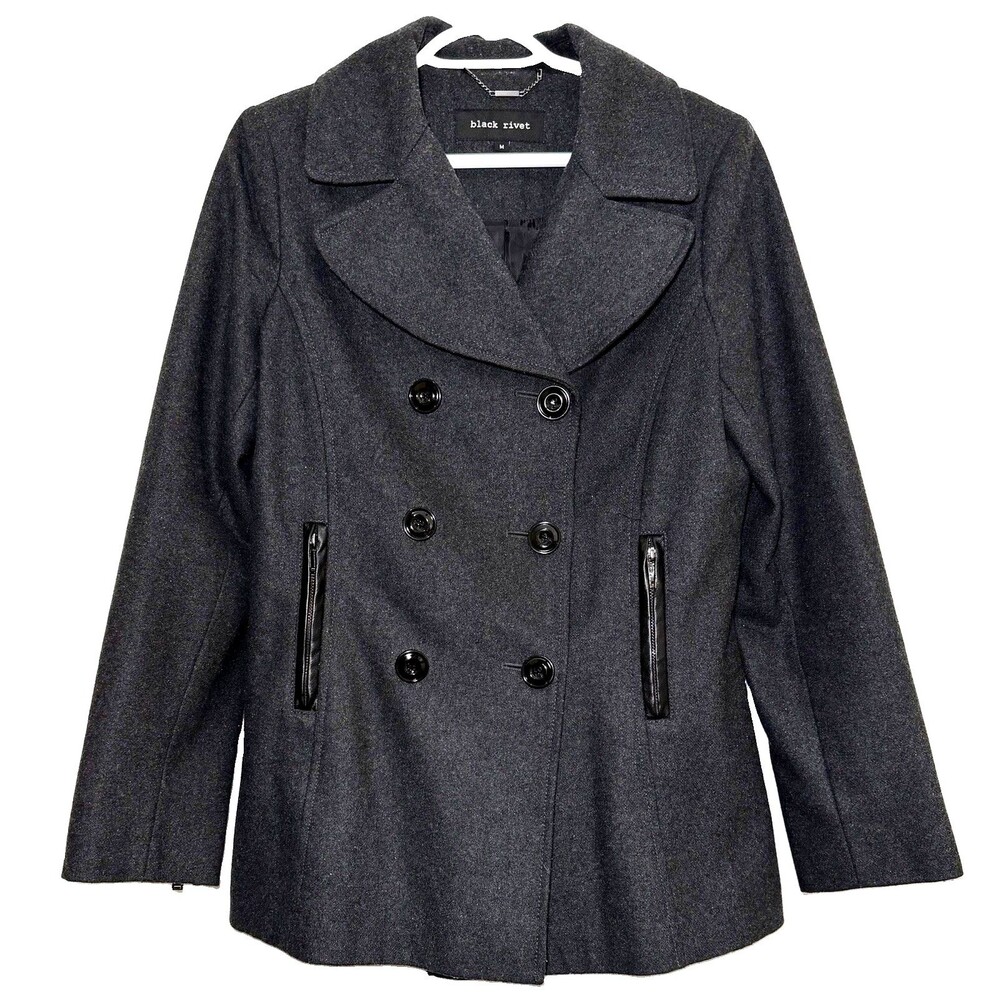 Black Rivet Peacoat Womens Medium Charcoal Gray Wool Blend Double Breasted